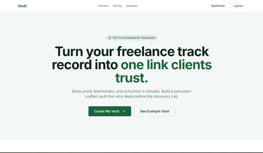 Vault landing hero with headline, trust badge, and primary call-to-action.