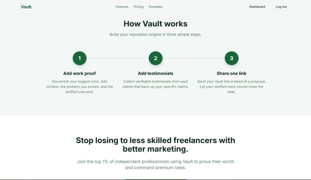 How Vault works section with three-step timeline and conversion copy.