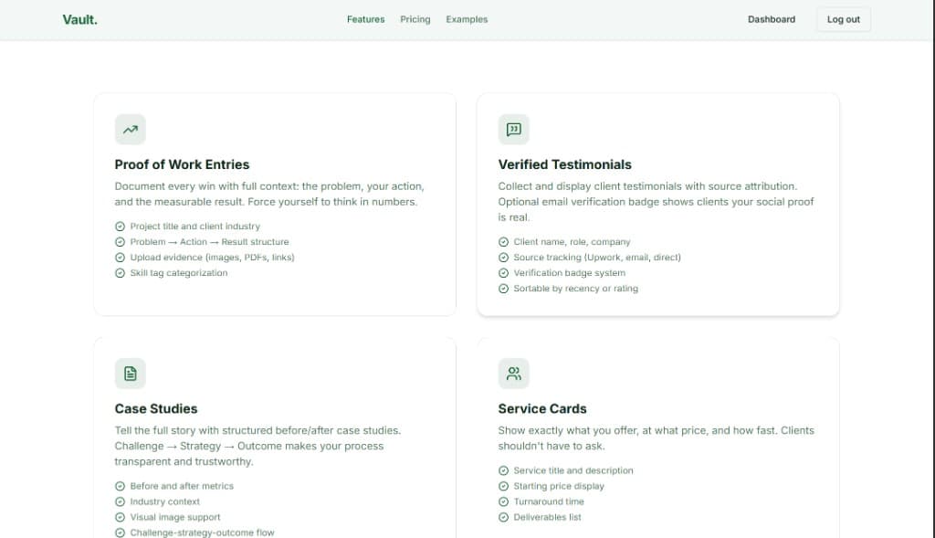 Feature grid showing proof entries, verified testimonials, case studies, and service cards.
