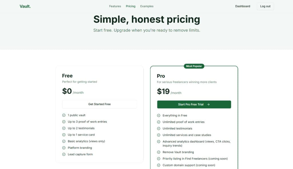 Pricing section with Free and Pro tiers and feature comparison bullets.