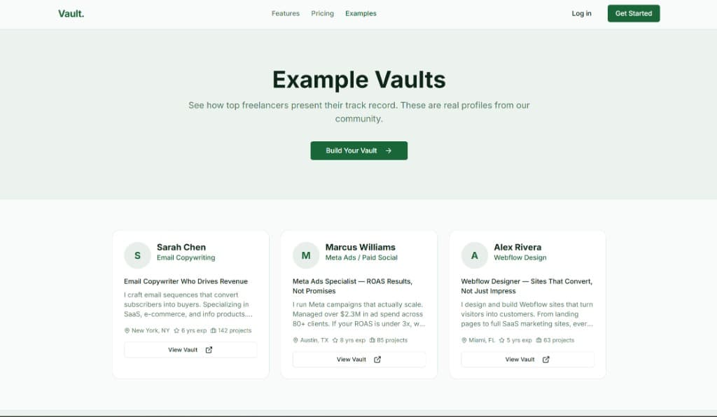 Examples page with featured freelancer cards and vault links.