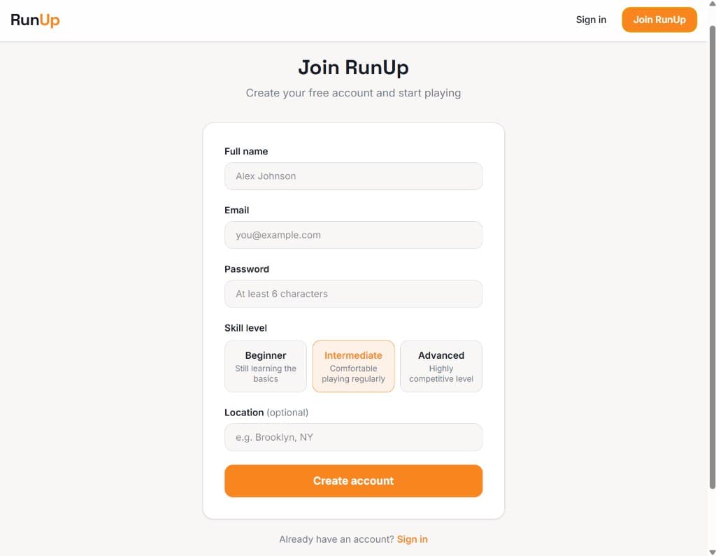 RunUp registration form with full name, email, password, skill level, and location fields.