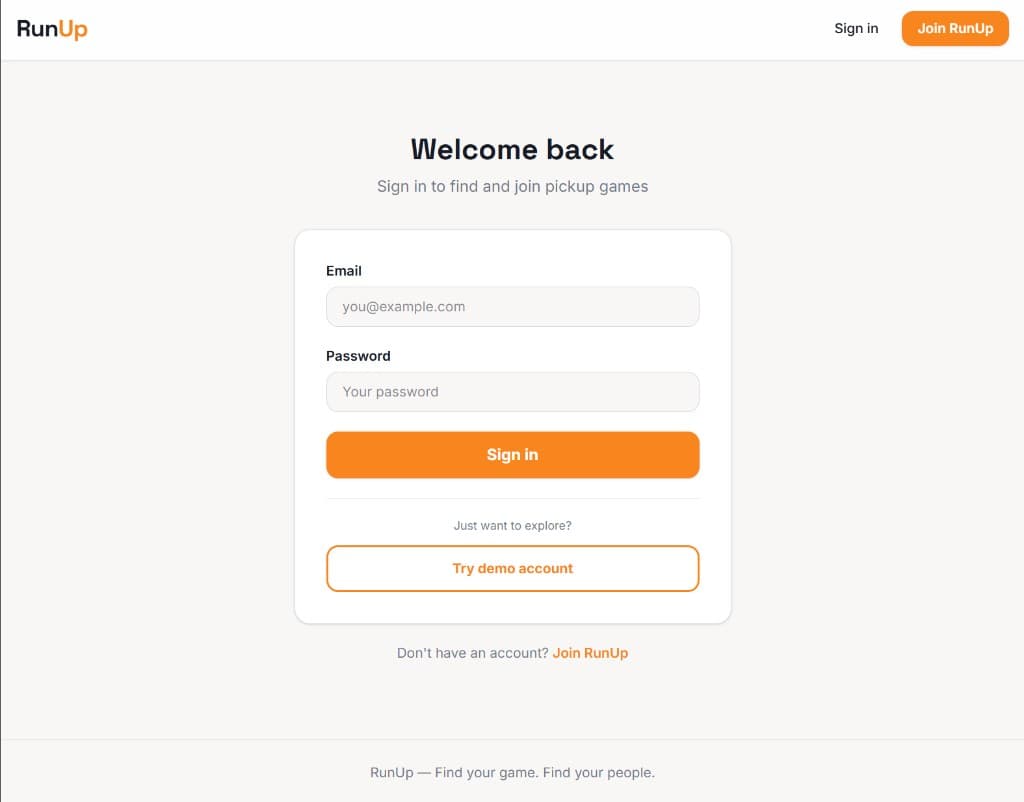 RunUp login screen with email/password sign-in and demo account option.