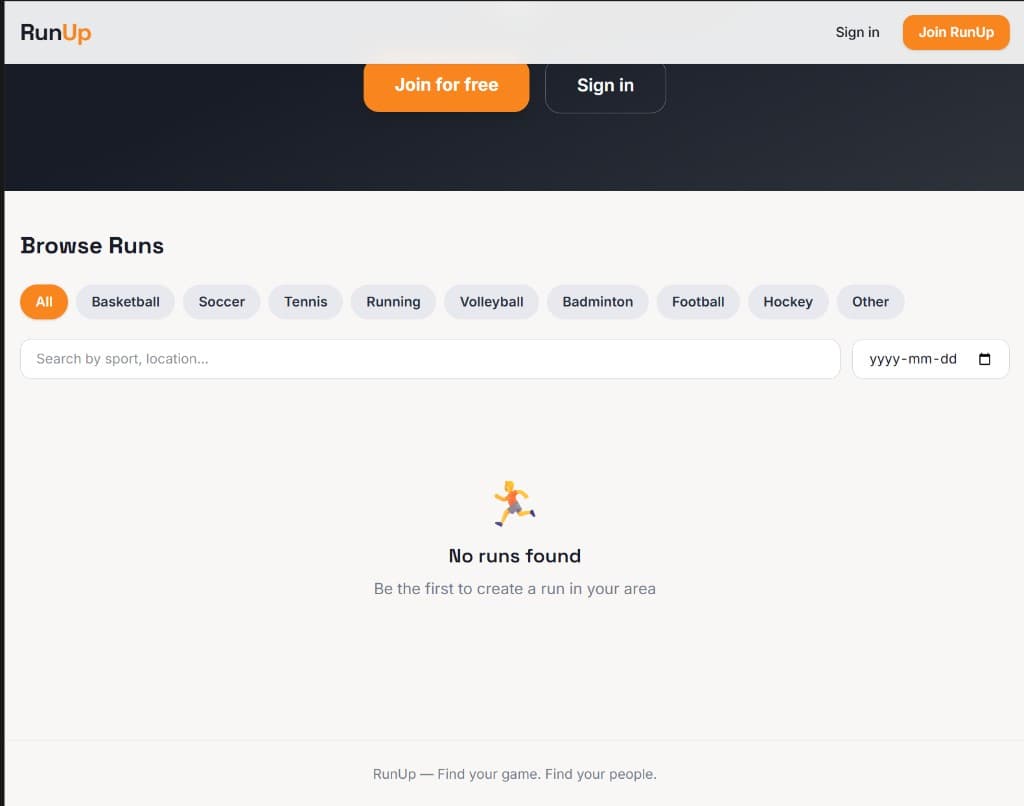 Browse runs page with sport pills, search field, date filter, and empty-state message.