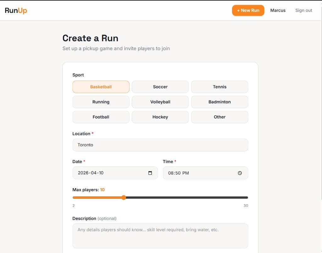 Create run form with sport selector, location, date/time, max players slider, and optional description.