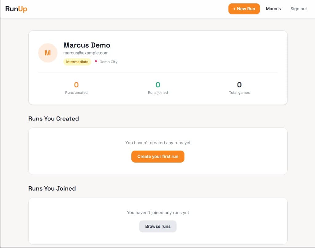 Profile page showing user summary plus runs created and runs joined sections.