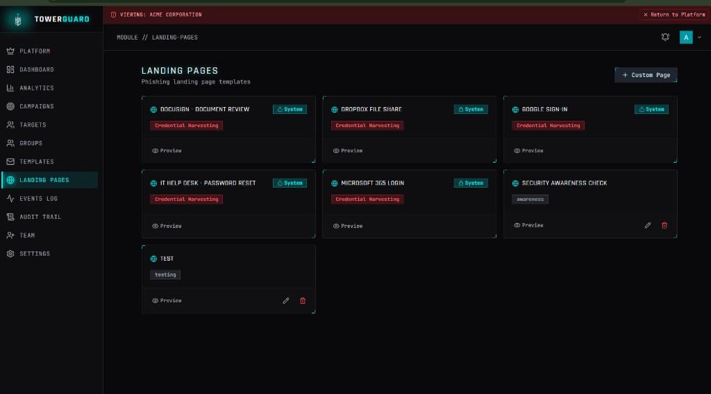 Grid of landing page templates for simulations.