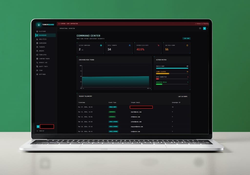 Tower Guard Security command center dashboard on a laptop screen.